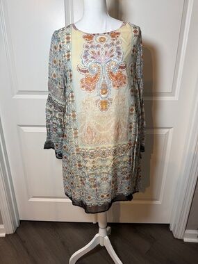 Boho Paisley Print Tunic Dress in Cream and Blue